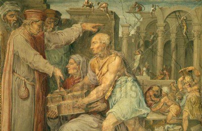 Cosimo the Elder is shown a model for San Lorenzo church by Brunelleschi