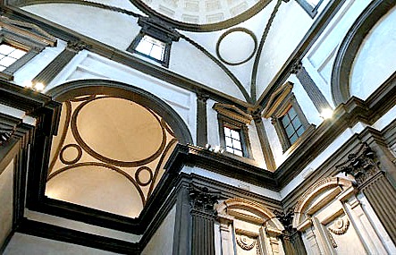 Upward movement created by Michelangelo's use of perspective on the New Sacristy at the Medici Chapel