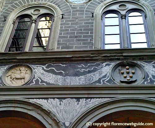 Michelozzo courtyard detail: painted frieze, medallions of mythological scenes, and the Medici family coat-of-arms
