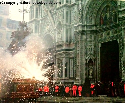 People and security gather outside the Duomo to see the pyrotechnic display