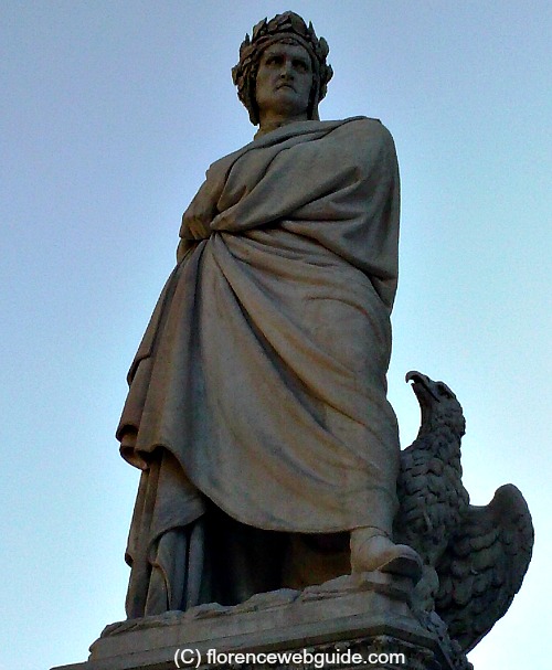 Statue of Dante, sculpted by Enrico Pazzi 1865, located on the left of the facade of Santa Croce