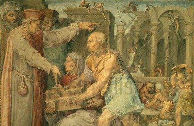 Cosimo the Elder is shown a model for San Lorenzo church by Brunelleschi