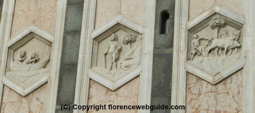 The first 'storey' of the Florence bell tower decoration, six-sided marble tiles with reliefs