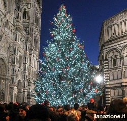 Christmas tree with red gigli in front of Duomo in Florence