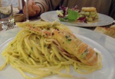 spaghetti carbonara with scampi at Enotria