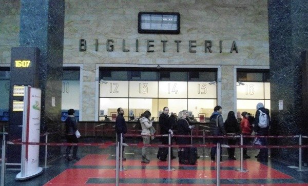 Line at the ticket counter at the Santa Maria Novella train station in Florence