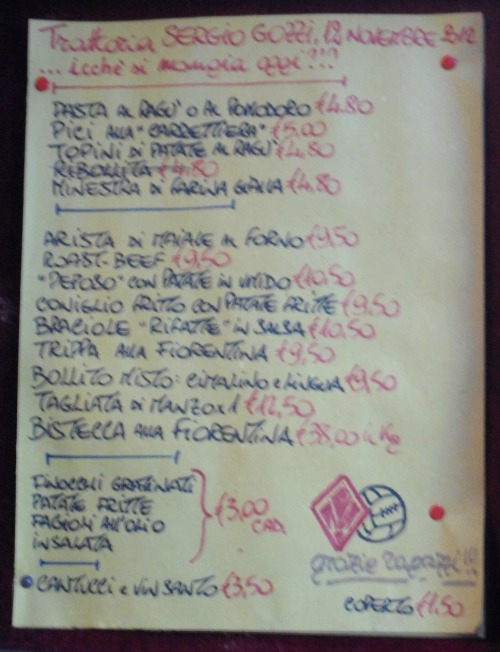 Hand written menu outside Gozzi