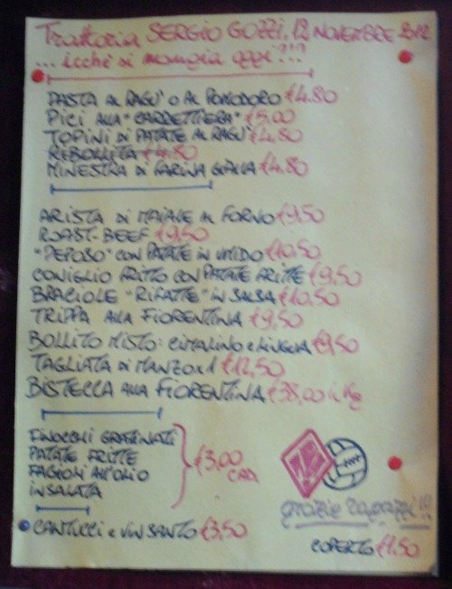 Hand written menu outside Gozzi