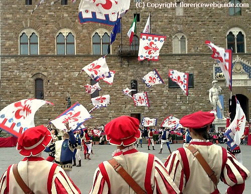 Florentine flag throwers are part of the marching procession celebrating the Florentine New Year in March
