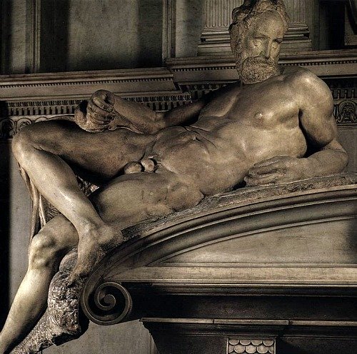 Sculpture 'Dusk', in Italian 'crepusculo', a masculine noun, therefore Michelangelo made Dusk in the likeness of a man