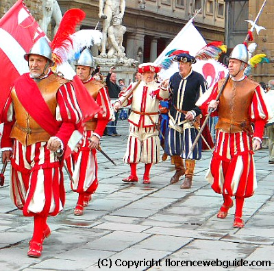 Marchers dressed in period pieces representing the Republic of Florence during the celebration for Anna de' Medici