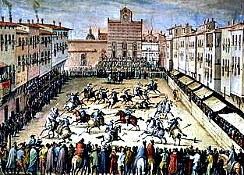 A painting of renaissance jousting event held in Santa Croce in 1500's (note how the church has not yet gotten its facade!)