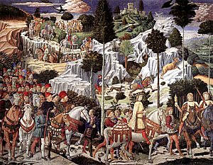 Wall mural by Florentine painter Bennozzo Gozzoli circa 1460 depicting the Wise Men as played by members of the Medici family